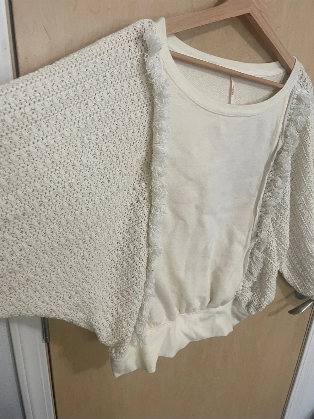 Free People Boho Cream Knit Top with Textured Oversized Dolman Sleeves L - Picture 4 of 12